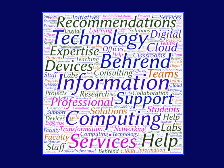 Word Cloud: Information Technology Services Penn State Behrend Recommendations Support Professional Expertise Help Computing Devices Solutions Consulting Cloud Information Technology Computers Digital Transformation Networking Collaboration Teams Faculty Staff Students Classrooms Labs Offices Research Learning Teaching Projects Initiatives