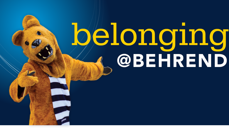 An illustration with the words "Belonging @ Behrend" next to the Nittany Lion.