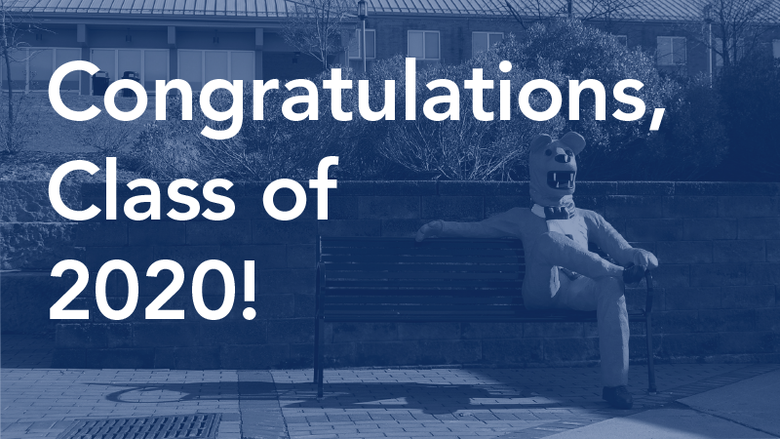 The words "Congratulations, Class of 2020!" are printed over an image of the Penn State Behrend lion bench.