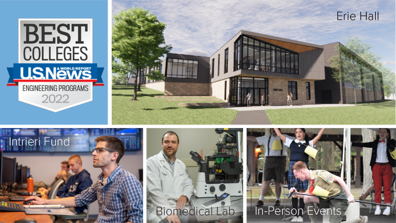 A collage of photos showing new construction, academic labs and research centers at Penn State Behrend.