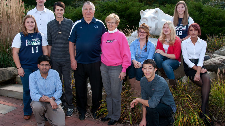 Joe and Isabel Prischak pose with recipients of scholarships they have endowed at Penn State Behrend.