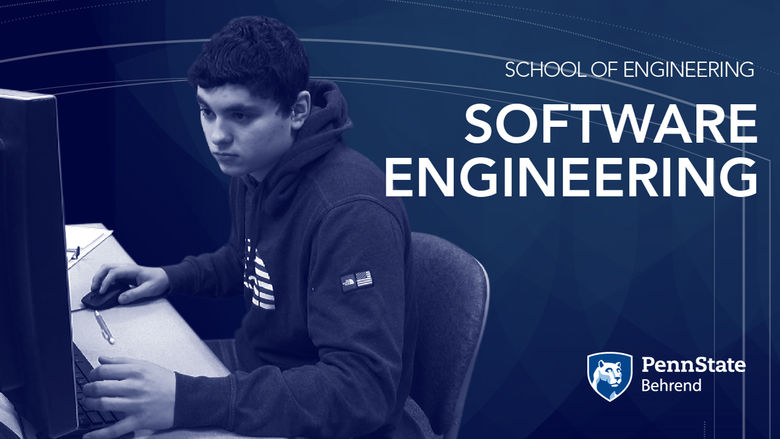 Software Engineering at Penn State Behrend: Male student works at computers in a lab environment.