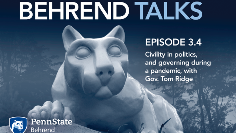 An illustration of the Nittany Lion advertising the new "Behrend Talks" podcast.