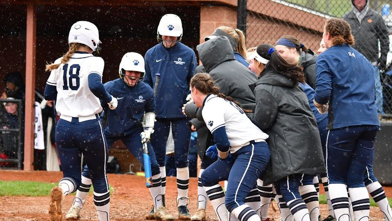 Members of the Penn State Behrend softball team cheer after a teammate scores a run.