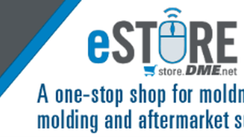 DME Logo and QR code with "eStore, store.dme.net: A one-stop shop for moldmaking, molding and aftermarket supplies" text