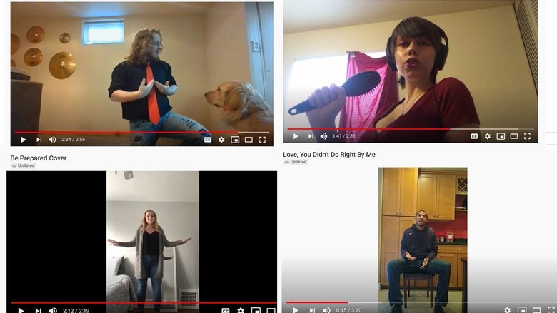 A collage of four YouTube clips of students who are singing.