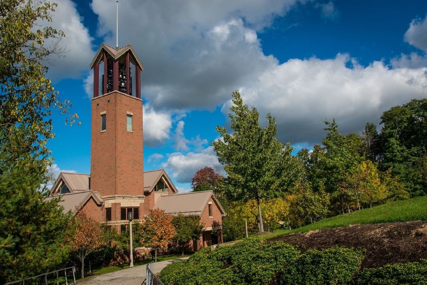 Smith Chapel and the Smith Carillon bell tower at Penn State Behrend