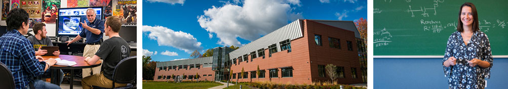 School of Engineering School of Engineering photoband includes images of a students and professor in a game development classroom, the AMIC building, and a person in front of a chalkboard.