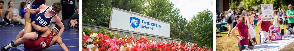Visit Us photo band shows photos of wrestlers, Penn State Behrend entrance sign, and student organization tables.