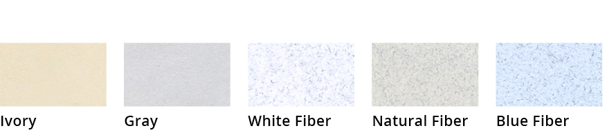 70# paper is available in the following colors: ivory, gray, white fiber, natural fiber, and blue fiber.