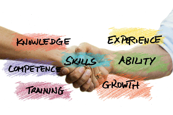 Shaking hands with overlay of the words Knowledge, Competence, Training, Skills, Experience, Ability, Growth