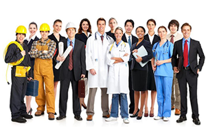Group of people in different professional clothes from construction worker to doctor to office worker