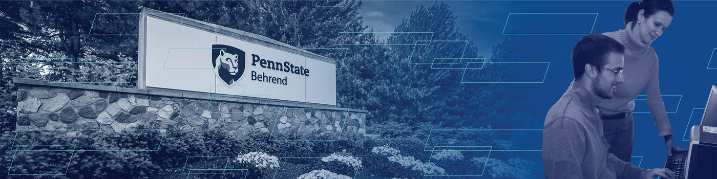 Photo illustration showing Behrend entrance sign and a staff member working with a student at a computer