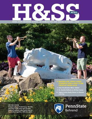 H&SS News - 2020 Cover with trumpet players Frank Corso ’20 and Joey Forish performing at Lion Shrine