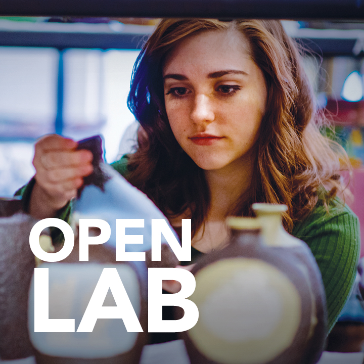 A female student handles pottery with the words Open Lab superimposed.