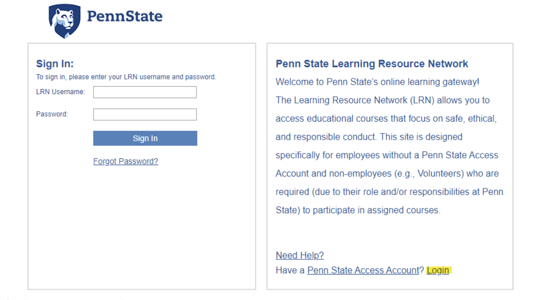 Penn State Access Login Screenshot