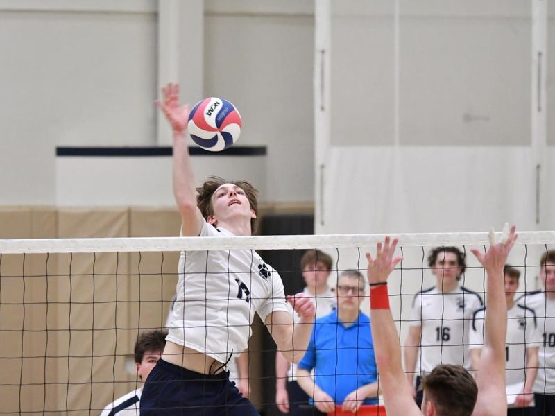 A member of the Penn State Behrend men's volleyball team spikes the ball over the net.
