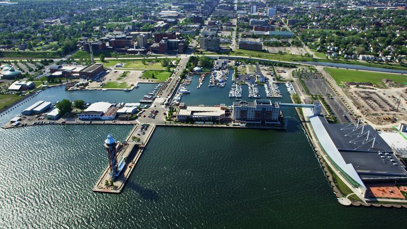 An aerial view of Erie's bayfront