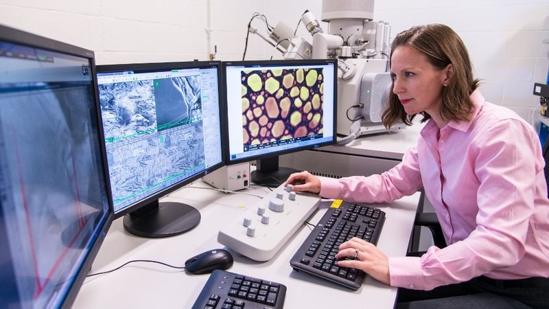 Penn State Behrend professor Alicyn Rhoades works on the college's environmental scanning electron microscope.