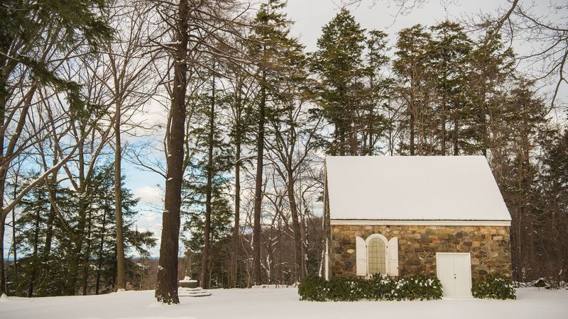 An exterior photo of the Behrend Chapel in Wintergreen Gorge Cemetery.