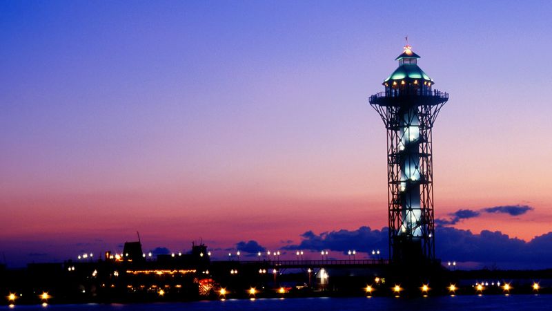 The sun sets behind Erie's Bicentennial Tower