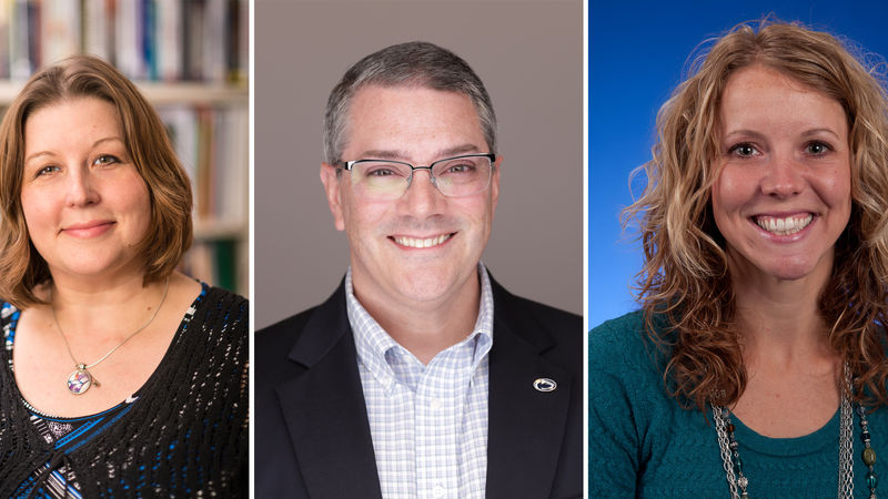 A portrait of Penn State Behrend faculty members Melanie Hetzel-Riggin, Eric Robbins and Courtney Nagle