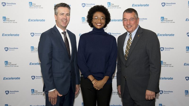 Ralph Ford, Rebecca Olanrewaju and Tim NeCastro pose at the announcement of the Excelerate program at Penn State Behrend.