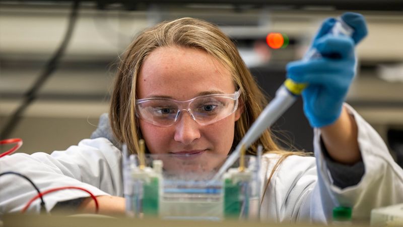 A female student conducts a chemistry experiment in a biomedical research lab at Penn State Behrend.