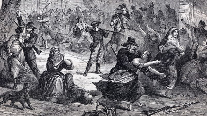 A drawing of the attack on Lawrence, Kansas, in 1863