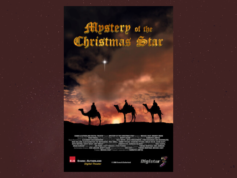 Mystery of the Christmas Star planetarium dome poster with silhouette of three men riding camels beneath bright star.