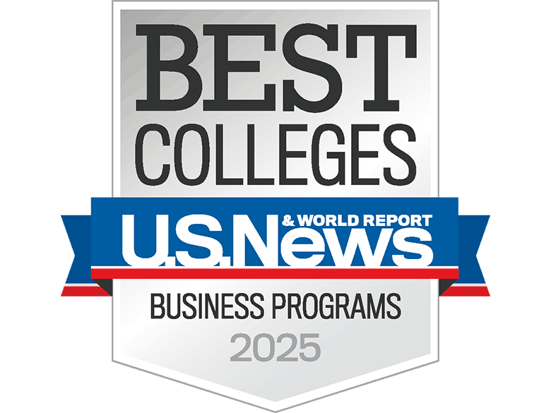 Looping animation of three badges for U.S. News & World Report Best Colleges - Business Programs 2025; AACSB Accredited; and Princeton Review Best Business Schools 2024, transitioning three times slowly every few seconds.
