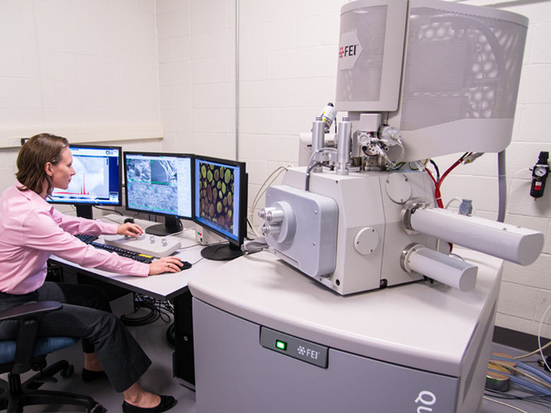 Dr. Alicyn Rhoades uses the environmental scanning electron microscope at Penn State Behrend.