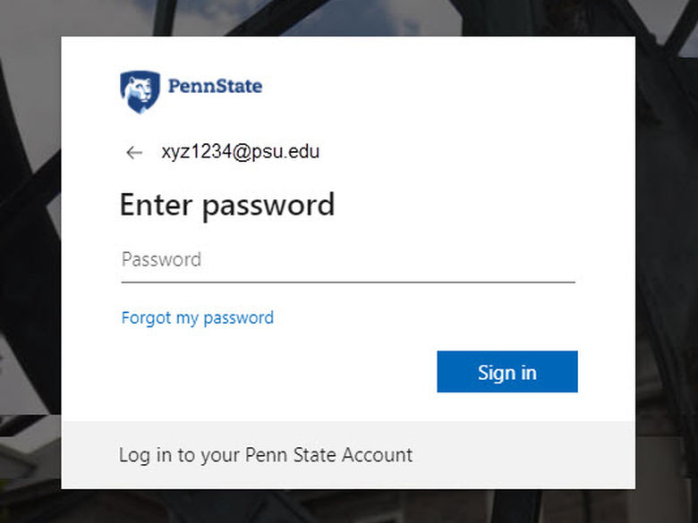 Penn State login screen displaying a user ID, password field, and sign in button.