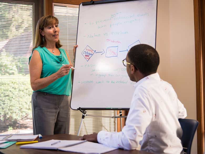A professor uses a white board to teach psychology concepts to a student.