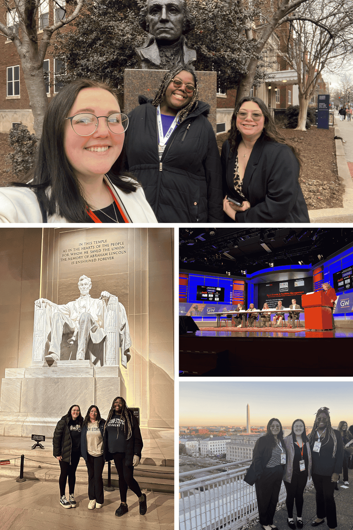 Photo collage of three students (Jordan Morschhauser, Michaela Florence, and Mariam Irizarry-Perez) standing in front of a statue of George Washing at GWU, a photo of the same students in front of the Abraham Lincoln statue in Washington DC, a photo of panelists at the Sports Industry Networking & Career Conference, and a photo of the same students with Washington DC in the background
