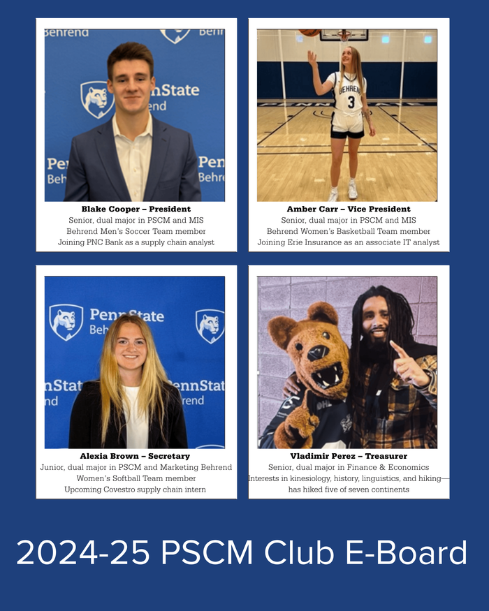 Photo collage of 2024-25 PSCM Eboard: Blake Cooper, President; Amber Carr, Vice President; Alexia Brown, Secretary; Vladimir Perez, Treasurer