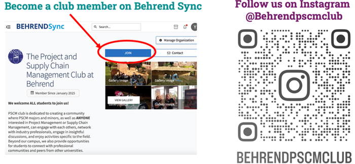 Screen shot of BehrendSYNC's PSCM Club page with arrow pointing to "Join Club" and QR Code for club Instagram Page