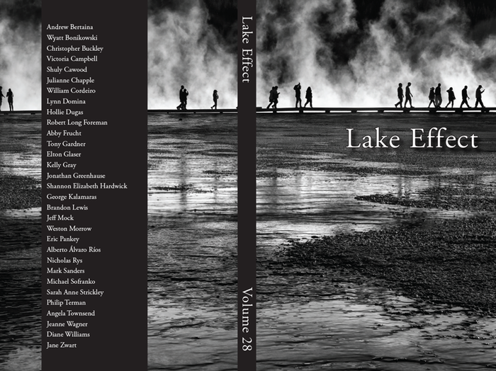 Black-and-white cover of Lake Effect Vol. 28 with silhouetted figures walking through mist and a list of contributors on the left.