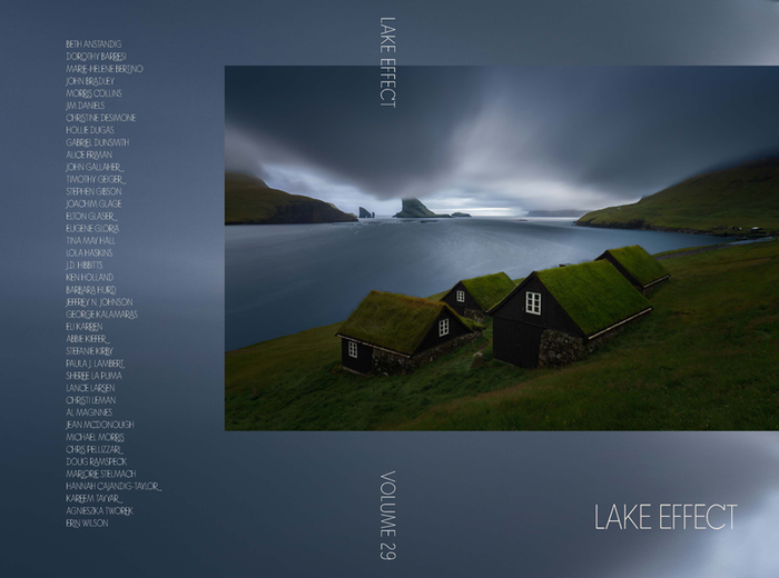Cover of Lake Effect Vol. 29 with grass-roofed cottages on a hillside above a moody bay, and contributors listed on the left.