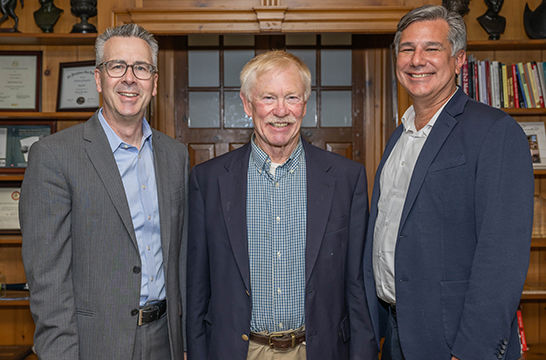 Dave Meehl, center, with Chancellor Ralph Ford, at left, and Dr. Tim Kurzweg, the James R. Meehl Director of the School of Engineering.
