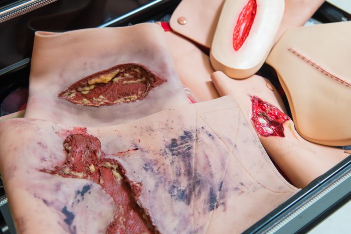 Fake wounds fill a drawer in a training cart in Penn State Behrend's nursing simulation labs.