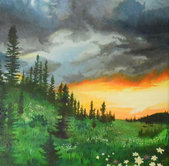 A landscape painting of the sunset, with dark clouds above.