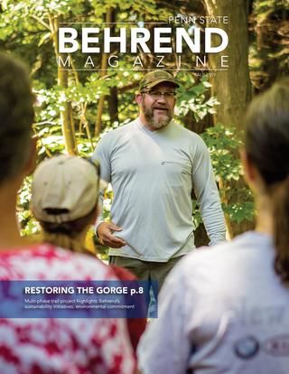 Behrend Magazine - Fall 2019 Cover: Dr. Mike Naber, associate teaching professor of geosciences, leads an educational walk on the trail in Wintergreen Gorge.