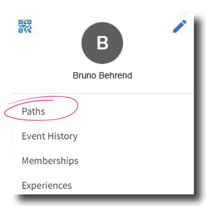 Path to BPS graphic shows demo student Bruno Behrend's BehrendSync options with the first option, Paths, circled. Other links listed are Event History, Memberships, and Experiences.