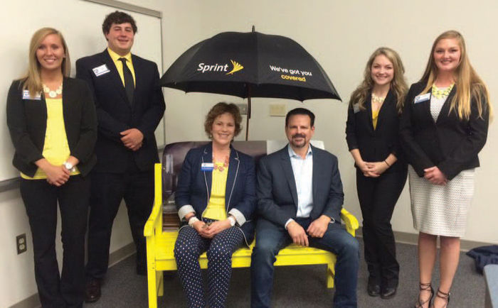Students in Dr. Mary Beth Pinto’s MKTG 344 Buyer Behavior class competed to create guerrilla marketing plans for Sprint. The winning team, “We’ve Got You Covered,”— Shelby Lunz, Becker Nezballa, Nicole Krahe, and Britnee Terrill—are pictured with Pinto and Marc Nachman, regional president for Sprint.