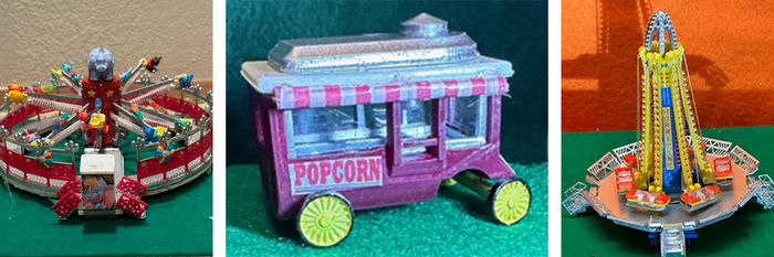 Three miniature carnival rides are pictured