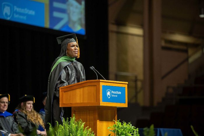 Dr. Ala Stanford gives the commencement address at Penn State Behrend's spring 2023 commencement ceremony.