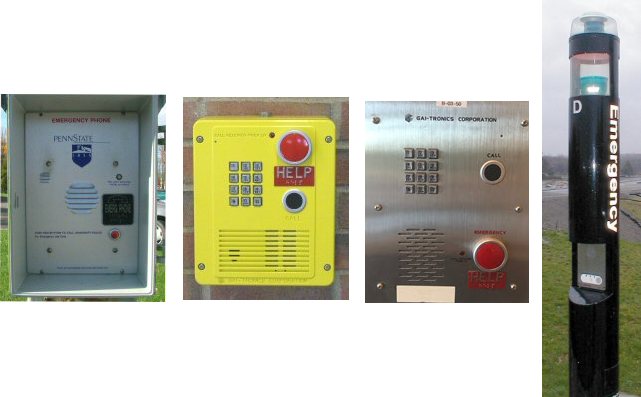 Types of emergency phones:  Box, Yellow Box, Flat Panel, and Tower.