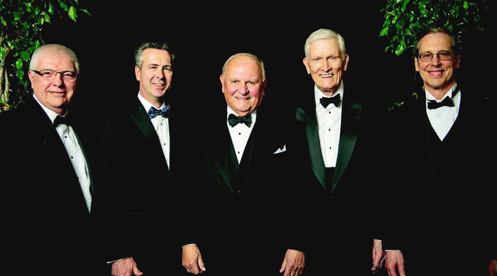 Tom Hagen, center, is flanked by Chancellor Ralph Ford, left, and former campus leaders, from left, Dr. Jack Burke, Dr. John Lilley, and Dr. Don Birx