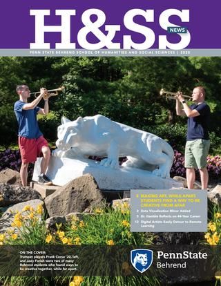 H&SS News - 2020 Cover with trumpet players Frank Corso ’20 and Joey Forish performing at the Lion Shrine